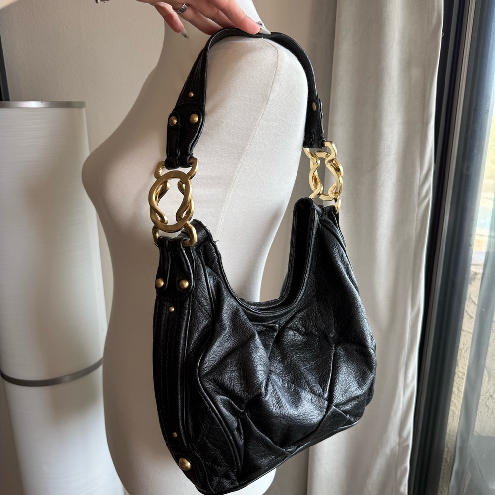 Steven by Steve Madden Black Leather Shoulder Bag with Gold Chain Accents